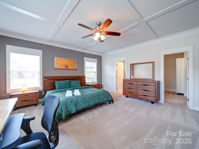 carpeted bedroom featuring coffered ceiling, baseboards, crown molding, and ceiling fan