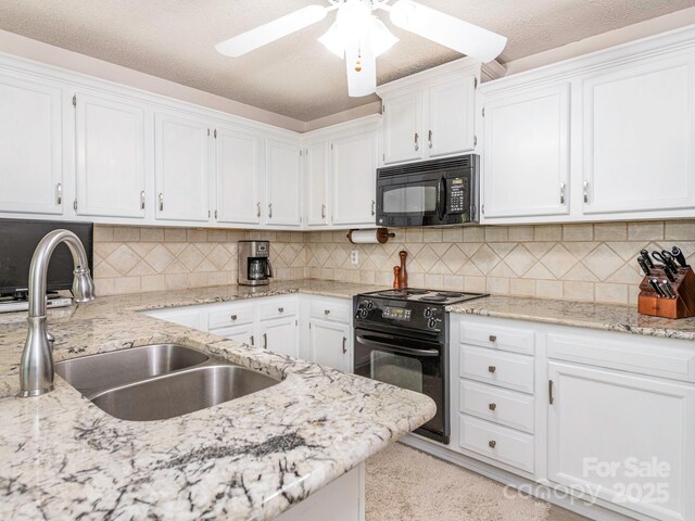 kitchen featuring white cabinets, a sink, and black appliances