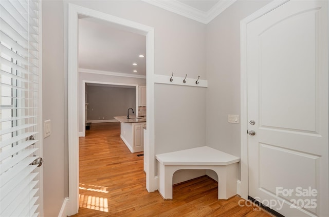 108 Bare Foot Ln, Mooresville, NC 28117 - mudroom with recessed lighting, light wood-style floors, ornamental molding, and a sink