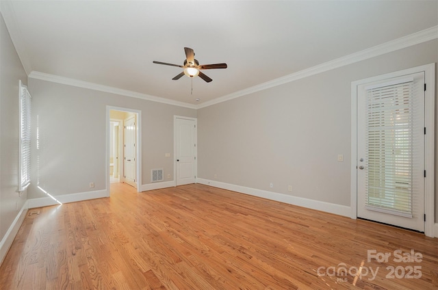 108 Bare Foot Ln, Mooresville, NC 28117 - empty room featuring visible vents, a ceiling fan, light wood-style floors, crown molding, and baseboards