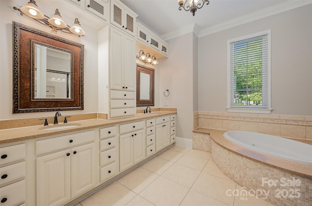 108 Bare Foot Ln, Mooresville, NC 28117 - full bath featuring a bath, double vanity, a sink, and ornamental molding