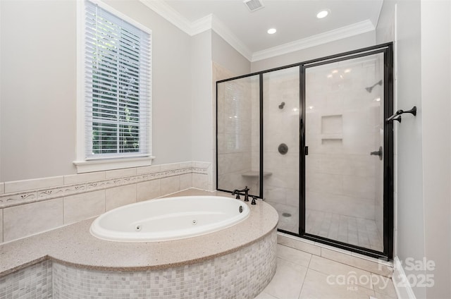 108 Bare Foot Ln, Mooresville, NC 28117 - bathroom with a shower stall, a tub with jets, crown molding, and tile patterned floors
