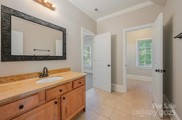 108 Bare Foot Ln, Mooresville, NC 28117 - bathroom featuring tile patterned floors, baseboards, visible vents, vanity, and ornamental molding