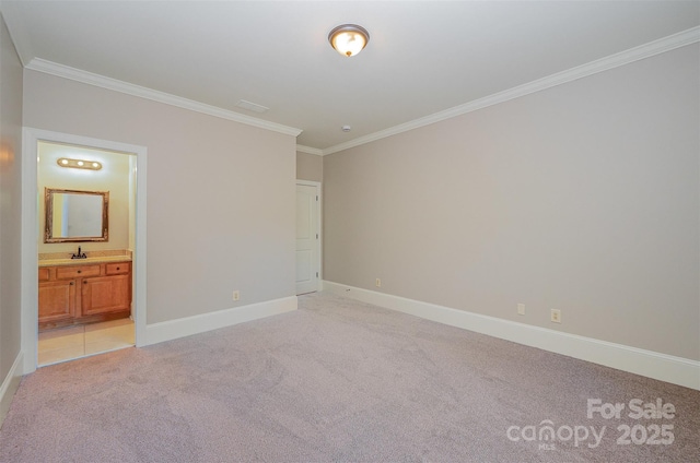108 Bare Foot Ln, Mooresville, NC 28117 - unfurnished bedroom with baseboards, a sink, light colored carpet, and crown molding