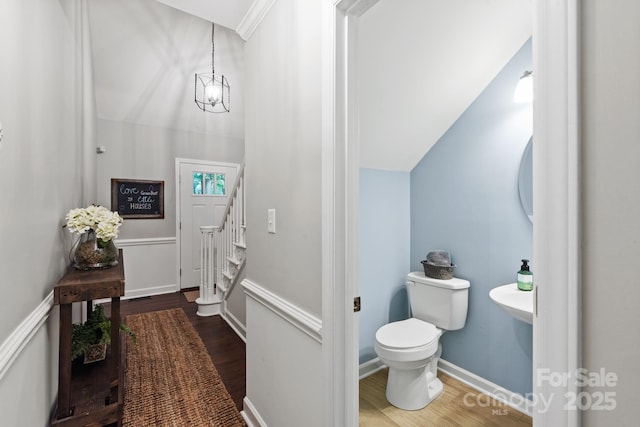 bathroom featuring lofted ceiling, wood finished floors, and toilet
