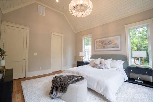 724 Ideal Way, Charlotte, NC 28203 - bedroom with a chandelier, wood finished floors, wood ceiling, and high vaulted ceiling