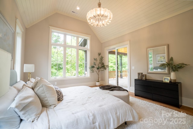 724 Ideal Way, Charlotte, NC 28203 - bedroom featuring a chandelier, access to exterior, multiple windows, wood finished floors, and lofted ceiling