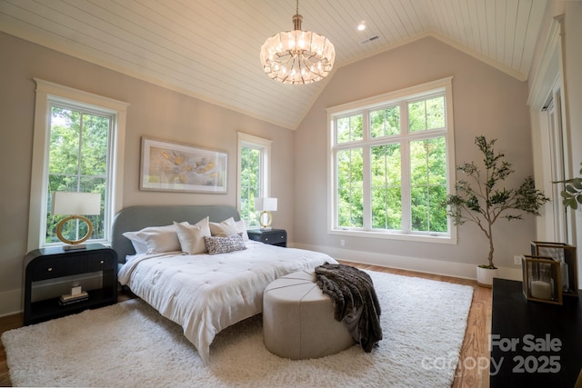 724 Ideal Way, Charlotte, NC 28203 - bedroom featuring a chandelier, multiple windows, wood finished floors, lofted ceiling, and wood ceiling