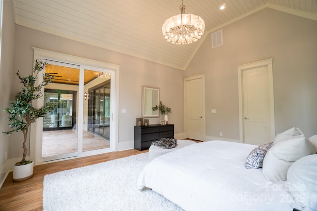 724 Ideal Way, Charlotte, NC 28203 - bedroom with wood finished floors, a chandelier, vaulted ceiling, access to outside, and wood ceiling