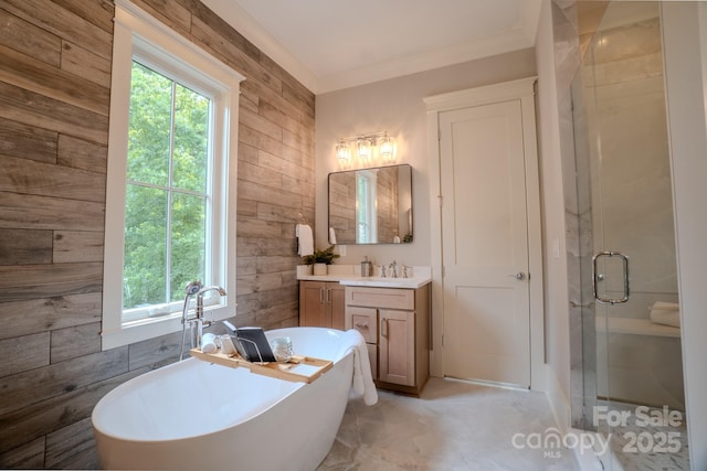 724 Ideal Way, Charlotte, NC 28203 - full bathroom featuring wood walls, vanity, a freestanding bath, and a stall shower