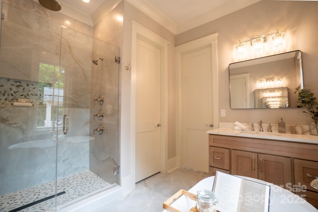 724 Ideal Way, Charlotte, NC 28203 - full bathroom with a shower stall, vanity, and marble look tiles