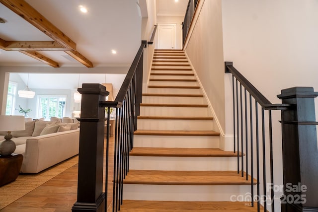 724 Ideal Way, Charlotte, NC 28203 - staircase with wood finished floors, beamed ceiling, and recessed lighting