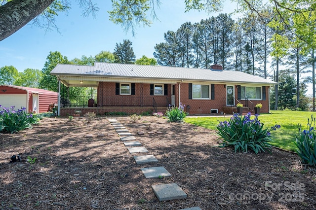 3340 Wrenwood Dr, Newton, NC 28658 - ranch-style house featuring a front lawn, an outbuilding, a chimney, and brick siding
