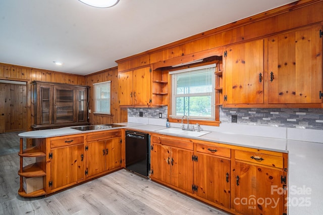 3340 Wrenwood Dr, Newton, NC 28658 - kitchen featuring open shelves, backsplash, light countertops, a sink, and black appliances