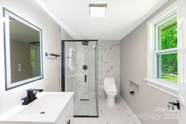 full bath with marble finish floor, toilet, vanity, and a marble finish shower