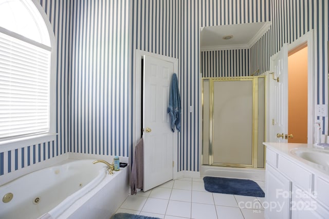 full bath with a whirlpool tub, tile patterned floors, wallpapered walls, and a stall shower