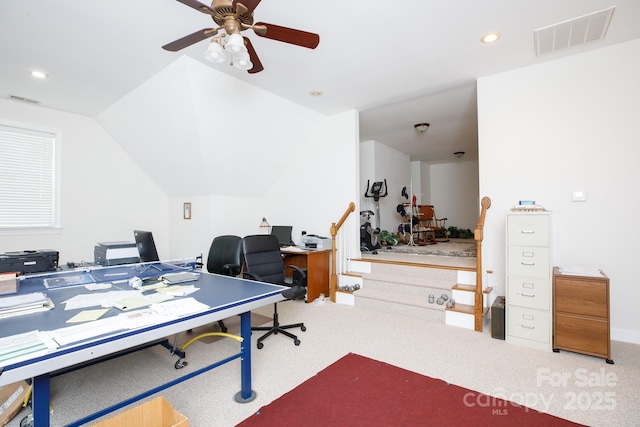 office space with ceiling fan, recessed lighting, visible vents, and carpet