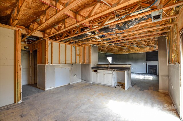 basement with a fireplace and a sink