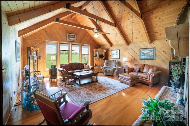 living room with wood walls, lofted ceiling with beams, wood finished floors, and wooden ceiling