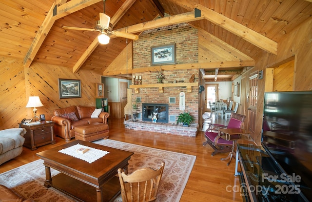 living room featuring wooden ceiling, high vaulted ceiling, wood walls, and wood finished floors