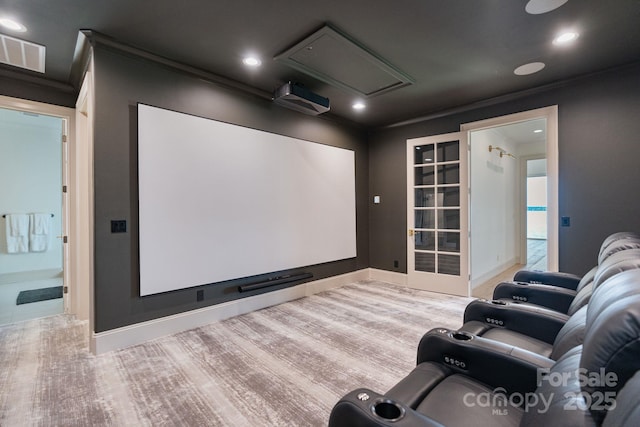 home theater featuring visible vents, recessed lighting, baseboards, and wood finished floors