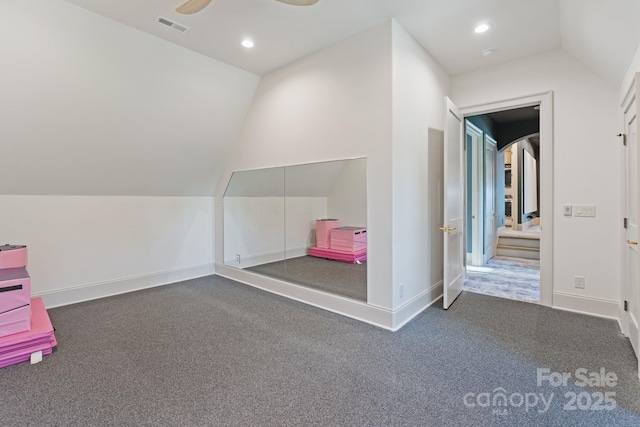 bonus room with ceiling fan, carpet floors, baseboards, vaulted ceiling, and visible vents