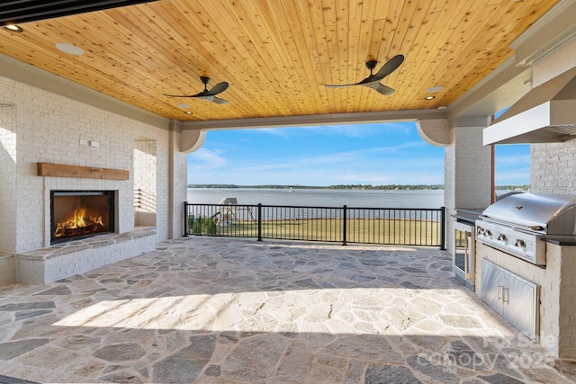 7679 Rabbit Cir, Denver, NC 28037 - view of patio / terrace with an outdoor brick fireplace, a water view, and ceiling fan