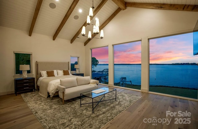 7679 Rabbit Cir, Denver, NC 28037 - bedroom featuring a water view, a chandelier, high vaulted ceiling, wood finished floors, and wood ceiling with exposed beams