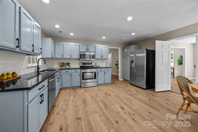 kitchen with appliances with stainless steel finishes, a sink, light wood-type flooring, tasteful backsplash, and recessed lighting