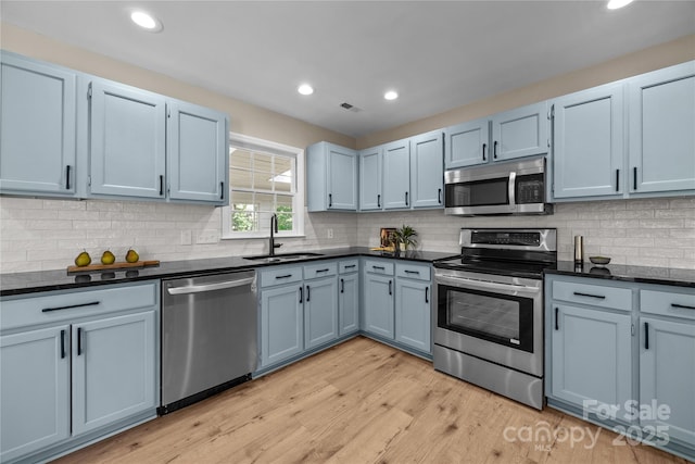kitchen featuring stainless steel appliances, a sink, light wood-style floors, blue cabinets, and tasteful backsplash