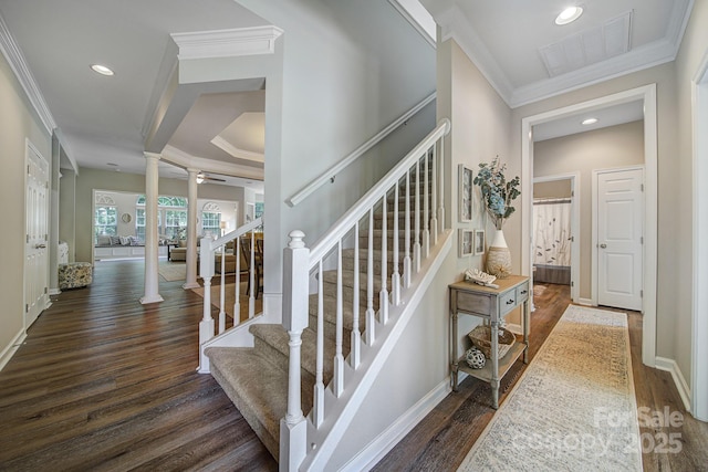 7123 Meyer Rd, Fort Mill, SC 29715 - staircase featuring visible vents, recessed lighting, ornate columns, wood finished floors, and ornamental molding