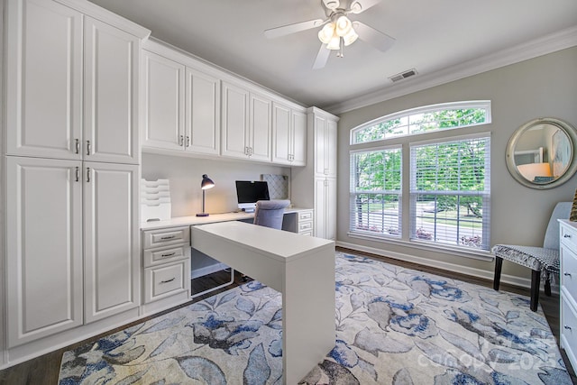 7123 Meyer Rd, Fort Mill, SC 29715 - home office featuring visible vents, wood finished floors, built in study area, ceiling fan, and crown molding