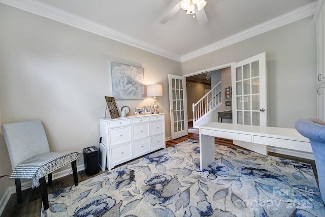 7123 Meyer Rd, Fort Mill, SC 29715 - home office with a ceiling fan, french doors, light wood finished floors, baseboards, and ornamental molding