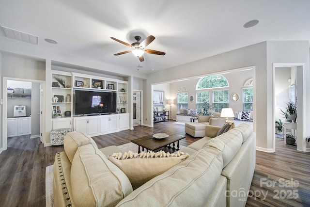 7123 Meyer Rd, Fort Mill, SC 29715 - living room with baseboards, a ceiling fan, dark wood-type flooring, and visible vents