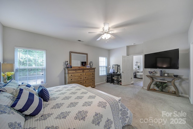 7123 Meyer Rd, Fort Mill, SC 29715 - bedroom featuring carpet, visible vents, baseboards, ceiling fan, and ensuite bathroom