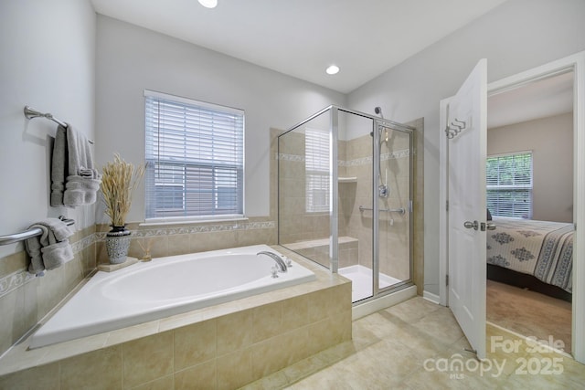 7123 Meyer Rd, Fort Mill, SC 29715 - ensuite bathroom featuring recessed lighting, a shower stall, tile patterned floors, a bath, and ensuite bath