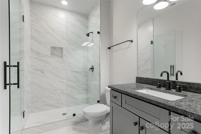 925 Twin Lakes Rd, Rock Hill, SC 29732 - bathroom with toilet, a marble finish shower, marble look tile flooring, and vanity