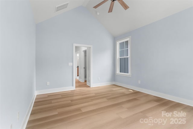 925 Twin Lakes Rd, Rock Hill, SC 29732 - spare room with a ceiling fan, high vaulted ceiling, light wood-style floors, and baseboards