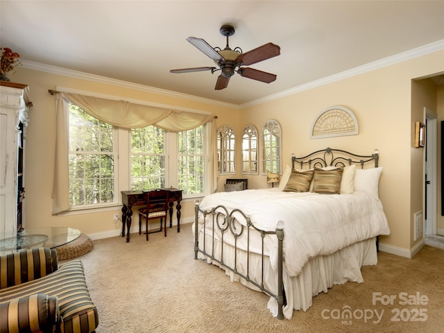 bedroom featuring light carpet, visible vents, baseboards, ceiling fan, and crown molding