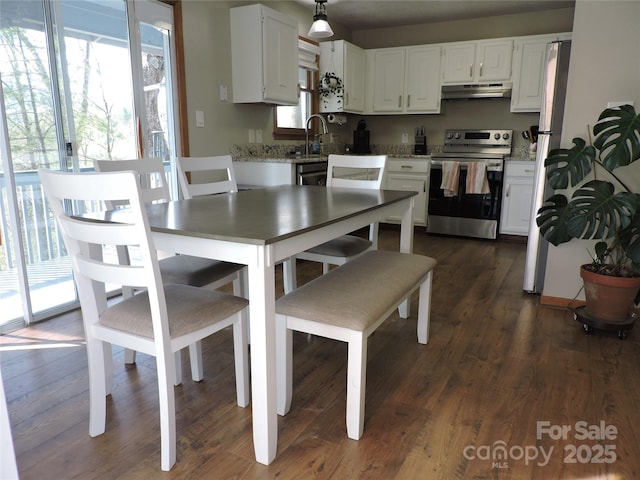 kitchen with under cabinet range hood, white cabinetry, appliances with stainless steel finishes, and a healthy amount of sunlight