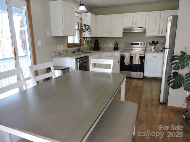 kitchen featuring white cabinetry, appliances with stainless steel finishes, under cabinet range hood, and a sink