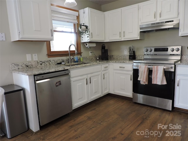kitchen featuring under cabinet range hood, white cabinetry, stainless steel appliances, and a sink