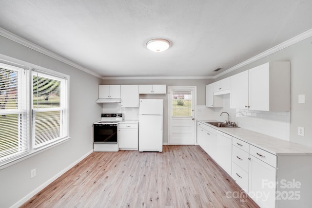 kitchen with a sink, tasteful backsplash, freestanding refrigerator, electric range oven, and under cabinet range hood