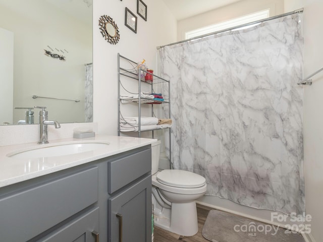11010 Redcoat Hill Ln, Huntersville, NC 28078 - bathroom with vanity, curtained shower, toilet, and wood finished floors