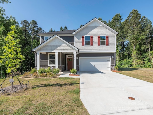 11010 Redcoat Hill Ln, Huntersville, NC 28078 - craftsman inspired home with an attached garage, concrete driveway, a front yard, stone siding, and covered porch