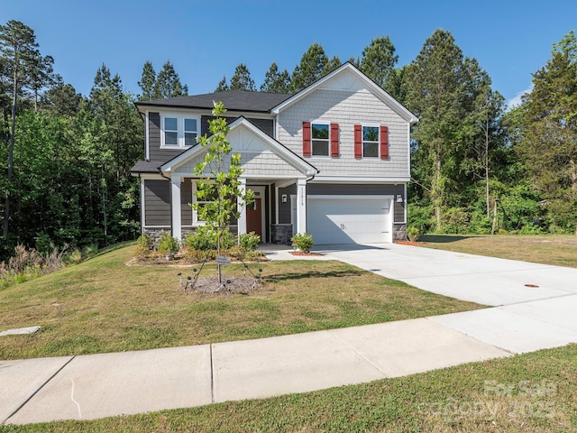 11010 Redcoat Hill Ln, Huntersville, NC 28078 - craftsman-style home featuring stone siding, an attached garage, concrete driveway, and a front yard