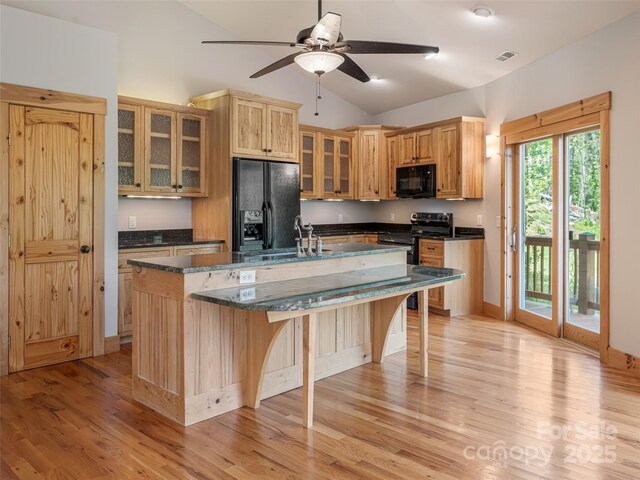 15 Sassy Ln, Asheville, NC 28805 - kitchen with black appliances, a sink, light wood-style flooring, a center island with sink, and a ceiling fan