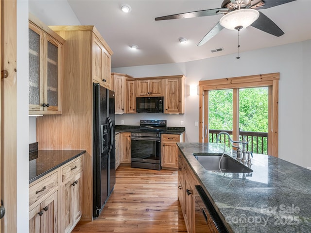 15 Sassy Ln, Asheville, NC 28805 - kitchen with black appliances, a sink, light wood-type flooring, a ceiling fan, and glass insert cabinets