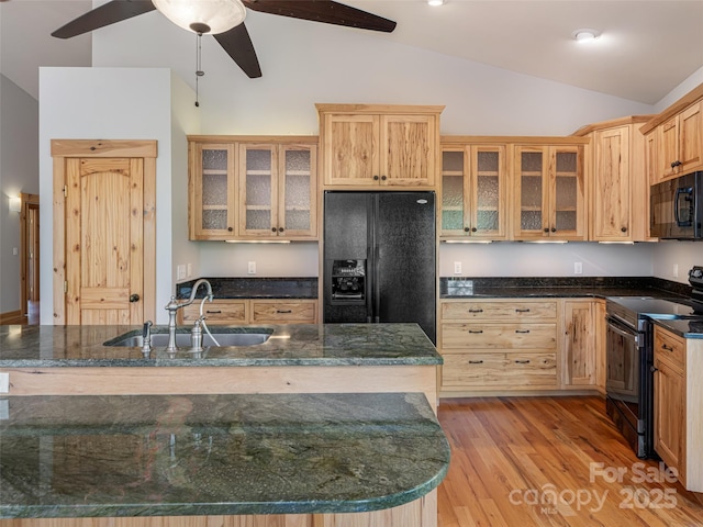 15 Sassy Ln, Asheville, NC 28805 - kitchen featuring black appliances, a sink, vaulted ceiling, a ceiling fan, and light wood finished floors