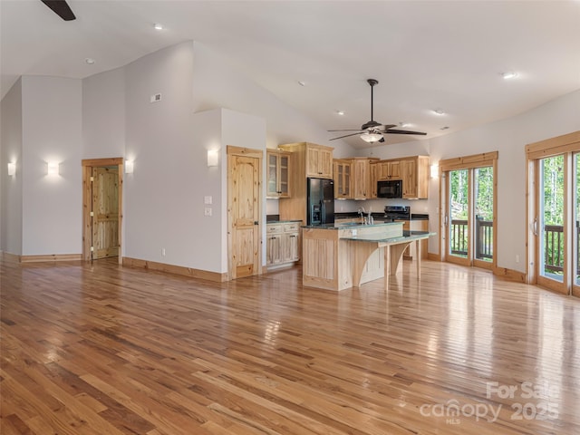 15 Sassy Ln, Asheville, NC 28805 - kitchen featuring black appliances, ceiling fan, light wood-style floors, high vaulted ceiling, and recessed lighting
